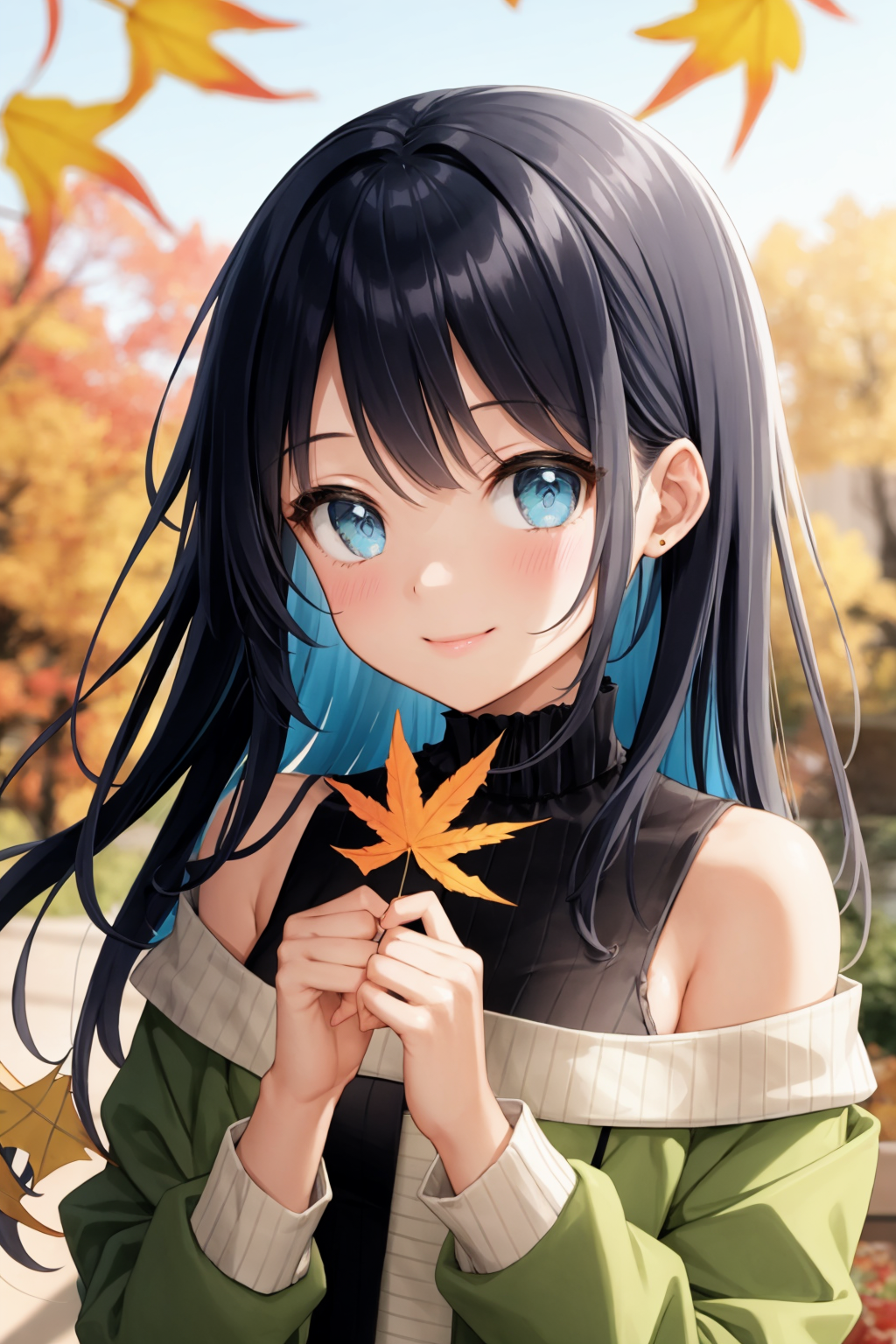 00168-2440339796-1girlsolo, holding leaf, autumn leaves, long hair, leaf, black hair, holding, sweater, bangs, jacket, white sweater, autumn, loo.png